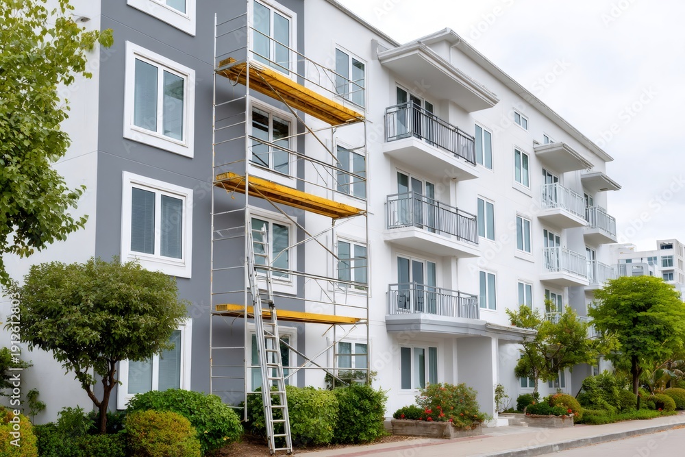 Modern apartment building exterior under scaffolding renovation Stock ...