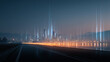 © Anastasiya Ri - Modern futuristic city skyline at dusk with light trails and vertical glowing beams reflecting on calm water creating smart technology urban development concept