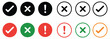 © Ayat 03 - Check mark icon button, right wrong checkbox symbols, green success tick, red error cross, confirm reject options, alert exclamation and info icons, modern UI vector illustration.