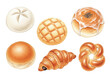 © Emil - Hand-painted watercolor of levitating fresh bakery assortment: soft bun, grid melon pan, glazed anpan with sesame, flaky chocolate croissant, dinner roll, knot bread, on white background with copy