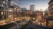 © dariyah - Modern urban complex with buildings, people, and vehicles in a bustling cityscape at dusk with various architectural styles