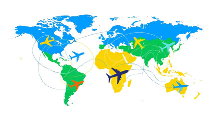  Illustration of a global tourism resilience concept with a colorful world map, icons of planes, trains, and ships, symbolizing travel and comeback on Global Tourism Resilience Day.