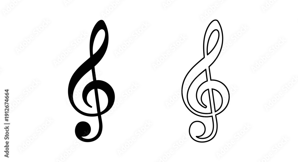 Two treble clef symbols, music note, sheet music, musical notation ...