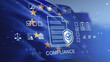 © ImageFlow - Compliance and regulation concept with digital document icons on EU flag background representing business standards and data protection laws in Europe.