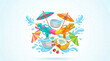 © Roydo - Vibrant Songkran Festival Illustration with Water Guns, Thai Umbrellas, and Jasmine Flowers on Light Background