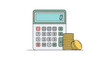 © muchlis - Calculator and coins stacked beside it on a flat surface viewed from the front
