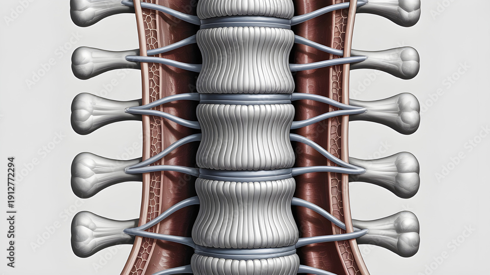Spinal cord anatomy inside vertebral column, nerve roots branching ...