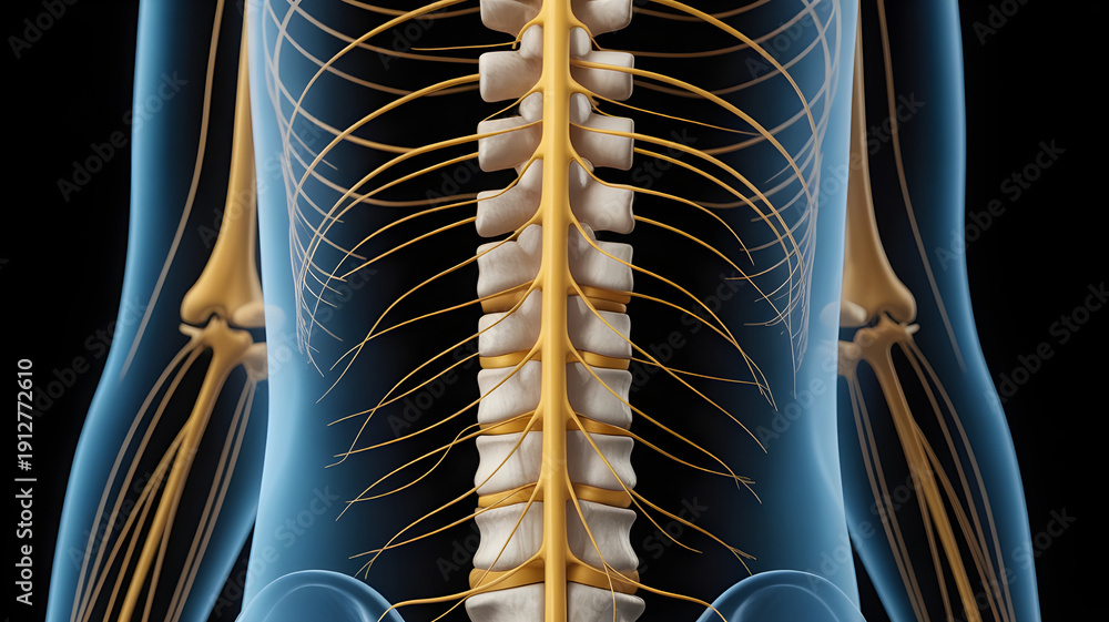 Spinal cord anatomy inside vertebral column, nerve roots branching ...