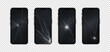 © Natalia - Phone with broken glass. Mobile cellular device. Realistic screen crack. Smartphone repair service. Plexiglass display fix. Electronic gadget. 3D telephone touchscreen. Vector damaged cellphone set