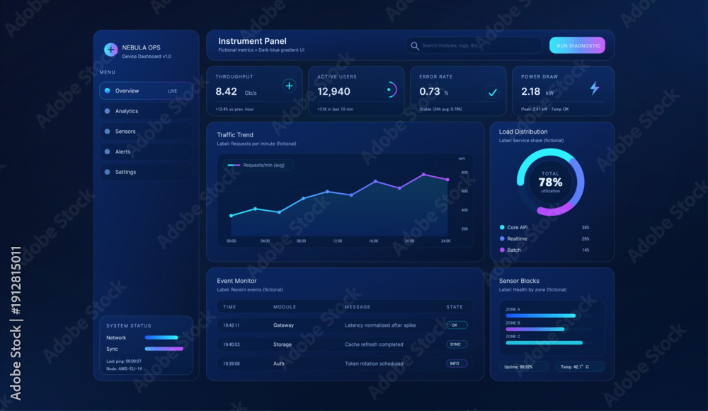 Dark Monitoring Dashboard UI with Analytics Charts and KPIs. Futuristic ...