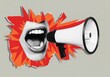 © Deamard - Artistic collage of a shouting mouth and a hand holding a megaphone breaking through torn paper, representing loud announcements and breaking news.