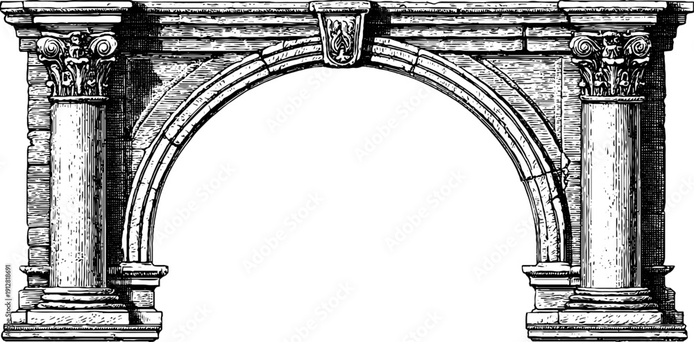 Vintage roman arch and keystone with pillars engraving - architectural ...