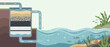 © Durrukh  - Panoramic vector banner illustration of a multi-stage water filtration system with sand, gravel, and charcoal layers purifying wastewater before it enters a clean ocean with fish and marine plants.