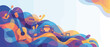 © Shykat - Vibrant Music Festival Panoramic Vector Banner Featuring Abstract Colorful Sound Waves, Acoustic Guitars, Concert Stage, and Cheering Crowd Silhouettes. Artistic Background with Copy Space.