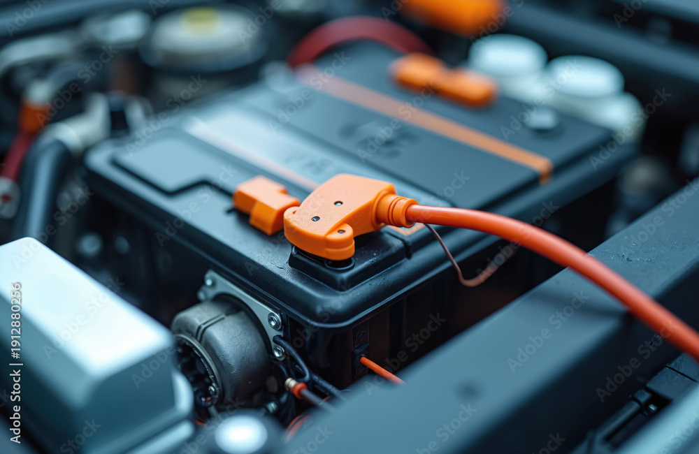 Stock-Foto „Electric car battery pack with orange power connector and ...
