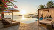 © Ольга Старкова - Sunset view from a luxury resort with lounge chairs and palm trees near the coast in a tropical location