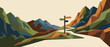 © SKMOMTAZ - Panoramic vector banner illustration of a winding hiking trail through a geometric mountain landscape with a wooden signpost pointing in different directions, perfect for nature and adventure.
