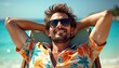 © Maryna - Man relaxes in deck chair on sunny beach. Blue ocean water and sky in background. Person wears sunglasses and floral shirt, enjoys vacation with happy smile.