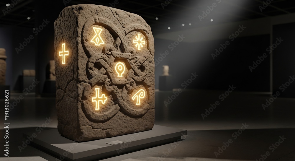 Ancient Stone Artifact with Glowing Mystical Symbols in Museum Display ...