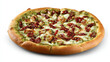 © JB - Whole pesto chicken pizza isolated on white background, topped with basil pesto sauce, grilled chicken pieces and melted mozzarella. Golden crust, Italian style, studio photography.