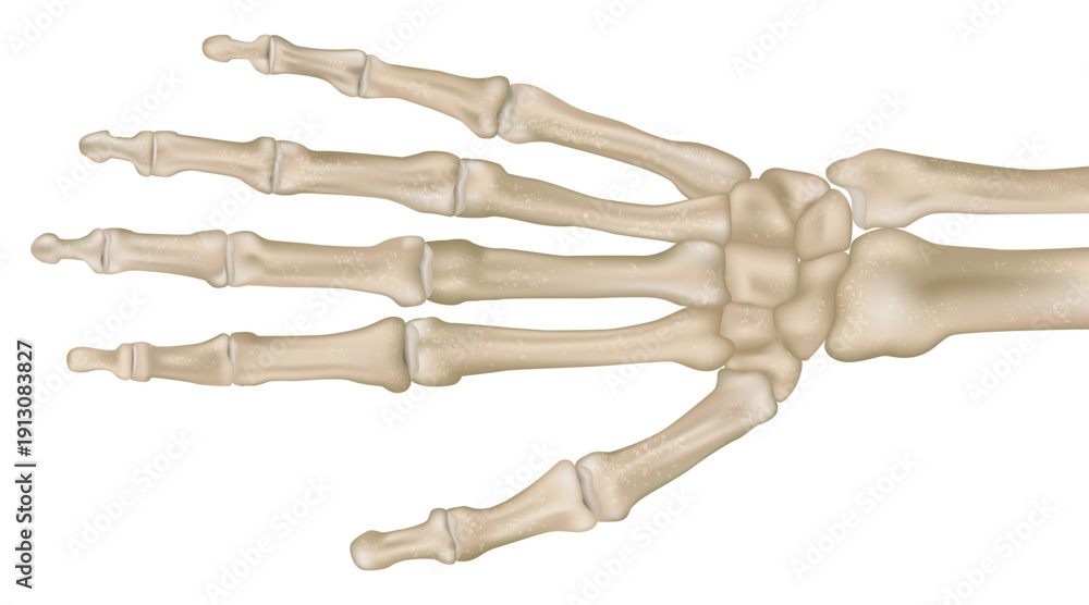 High resolution medical illustration of human hand bone anatomy shown ...