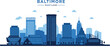 © Amamur - WebBlue Monochrome Baltimore Maryland City Skyline Vector Illustration Featuring Bromo Seltzer Arts Tower and Inner Harbor Landmarks for United States Travel and Tourism Design