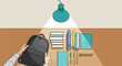 © Pak - Top-down view of a student packing a black backpack with books and stationery on a wooden desk under a lamp, preparing for school or university.