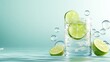 © Larisa AI - A refreshing glass of sparkling water with lime slices, visually enticing with bubbles and bright colors illustrating a sense of invigorating refreshment and vitality.