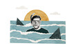 © deagreez - Composite photo collage of astonished scary guy wear swim equipment tube mask shark attack wild ocean trip isolated on painted background