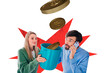 © deagreez - Composite photo collage of two business people girl catch bucket coin flow money income man speak phone isolated on painted background