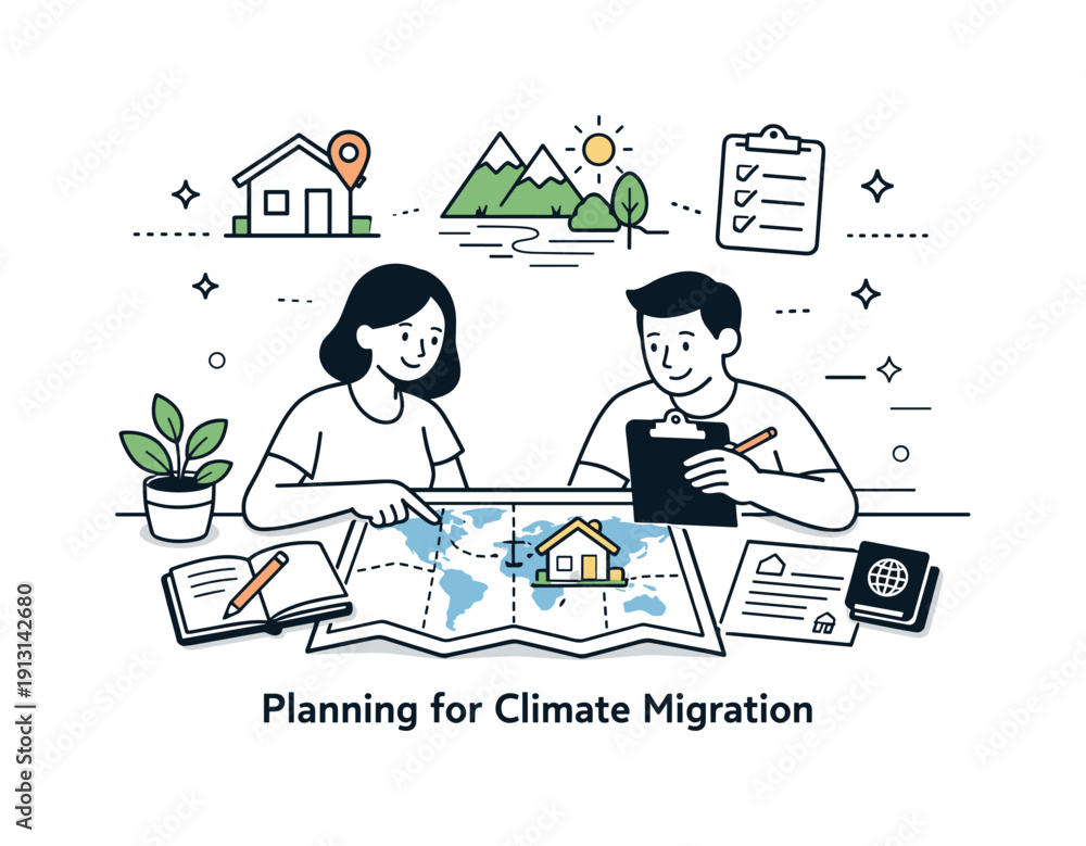 Stock-Vektorgrafik „Future climate migration concept. People planning ...