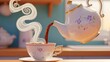 © Helal - A Teapot Pouring Hot Tea into a Delicate Cup with Steam Rising, Cozy Morning Ambiance