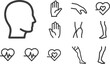 © sefatahmed - Minimalist vector line art icons depicting human head profile, open hands, reaching fingers, heart pulse, and legs, isolated on transparent background.