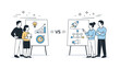 © Влада Яковенко - Creative Idea Showdown. Competing ideas. Teams presenting different ideas on boards, facing each other with calm confidence. Healthy competition, focus on