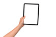 © Pornprasit Panada - Hand holding modern tablet mockup with blank screen isolated on transparent background. Tablet PC with empty display for copy space.