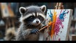 © Imran - A baby raccoon painter splashing paint on a tiny canvas, messy paws, surprised expression