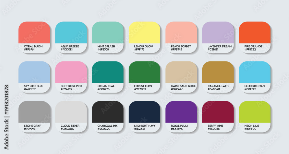 Unique Color Pattern Eith Hex Code Miscellaneous Color Palette with HEX Codes and Names. Vibrant Vector ...
