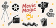 © Oleksandr Yashchuk - movie magic set concept pop art collage classic film camera tripod strip film reels handheld video camera projector clapperboard popcorn retro cut-out dotted halftone elements light beige background