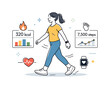 © Coosh448 - Fitness tracking and activity. A person walking or stretching while wearing wearable health tech, gentle motion lines showing movement,