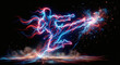 © Arkadiusz - Taekwondo athlete performing high kick, abstract neon motion blur, blue and red energy trails, olympic martial arts concept