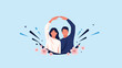 © OtherGRX18 - Romantic couple making a heart shape with their arms surrounded by cherry blossoms on a light blue background.