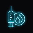 © ylivdesign - Glowing blue neon icon of a syringe injecting liquid drops, representing concepts like vaccination and medical treatment