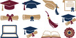 © Madhuka Disanayaka - Graduation themed flat vector elements with 10 burgundy navy tan traditional cap side tilted tassel diploma ribbon seal certificate case scroll book medallion academic