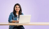 Friendly Indian Female College Student with Laptop on Lavender Background