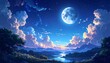 © Camellya - Full moon over misty mountain river valley at twilight with dramatic clouds and vibrant sky