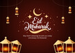 © Md Yeasin - Elegant Eid Mubarak greeting with crescent moon, stars, and glowing lanterns on a dark red background, wishing blessings