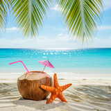 tropical beach with starfish and coconut