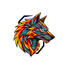 Naklejka na meble Modern Geometric Wolf Head with Cybernetic Details and Vibrant Orange Blue Colors, Futuristic Animal Mascot Isolated White Background