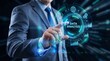 © RD Graphics - Business professional analyzing data with futuristic digital interface and holographic charts in corporate office