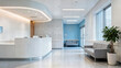 © Hassan - Modern hospital reception area with soft lighting and clean design white curved desk and gray couch